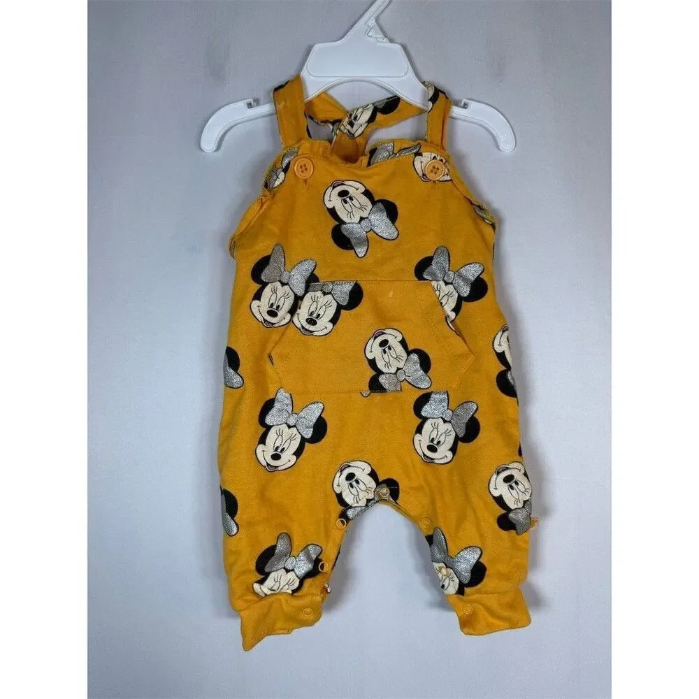 Disney Minnie Mouse Baby Romper Overalls Mustard Yellow Bow Print Snap